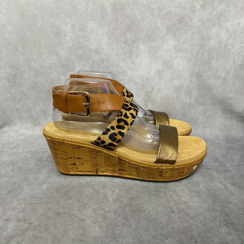 Vionic Cancun Wedge Sandals Womens Size 11 Brown Leopard Print Cork Metallic